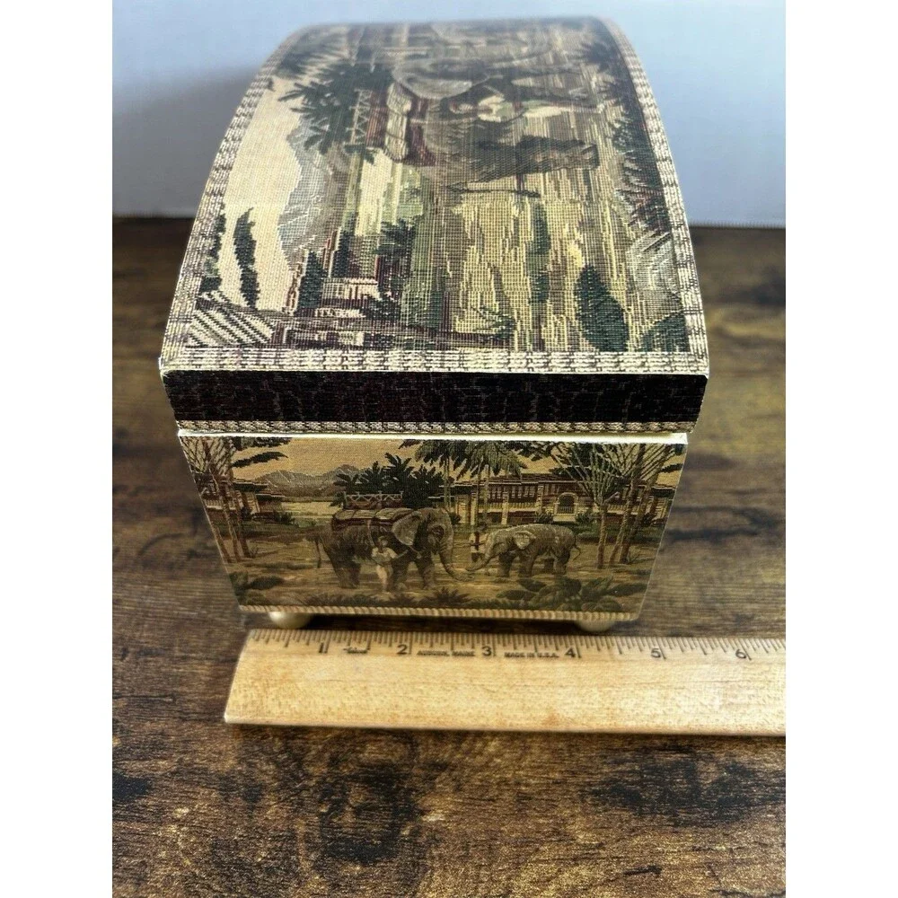 Wood Keepsake Chest Box Jungle Elephant Design Hinge Lid Decorative Storage Case